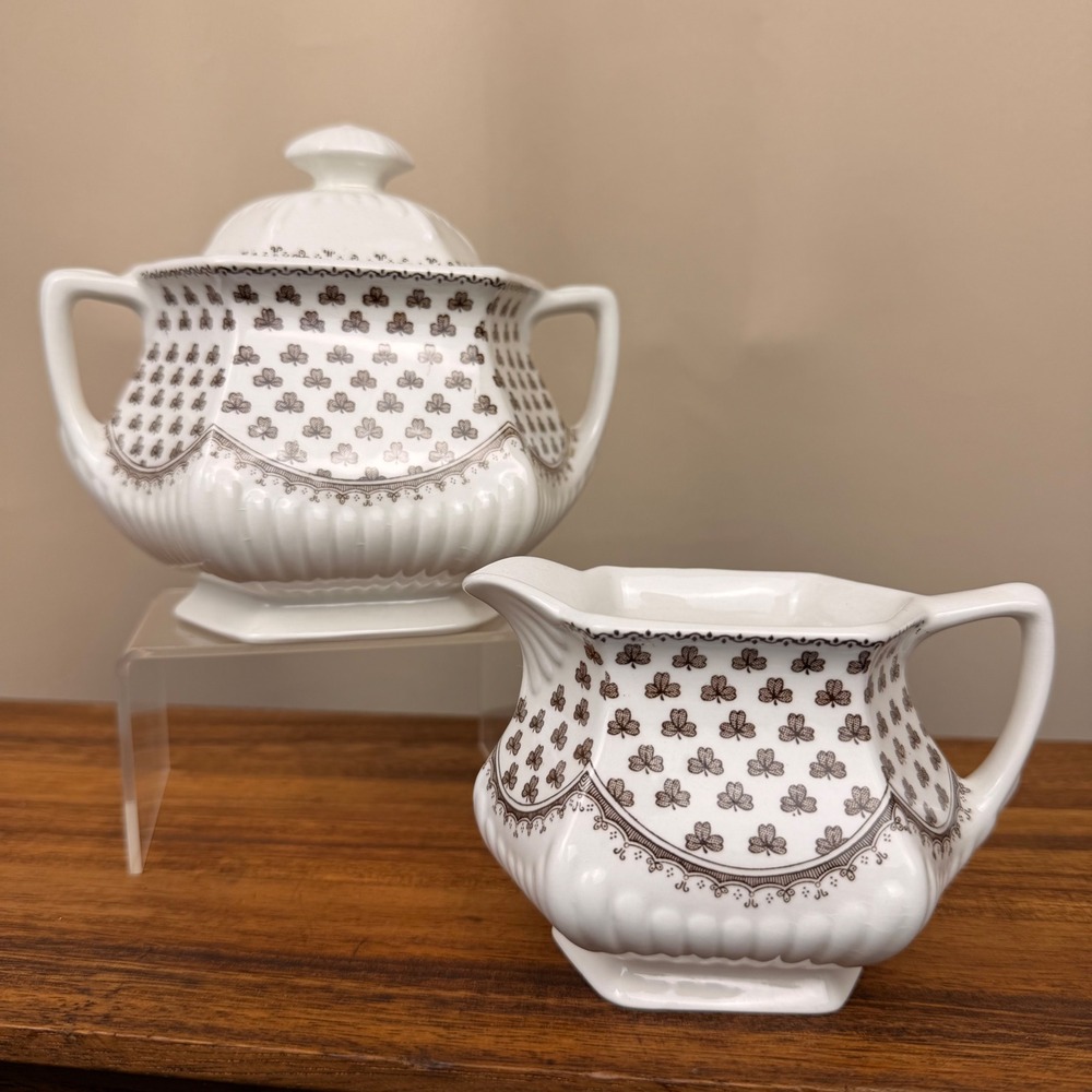 Adams Micratex Brown Shamrock Ironstone Sugar Bowl and Creamer Set England